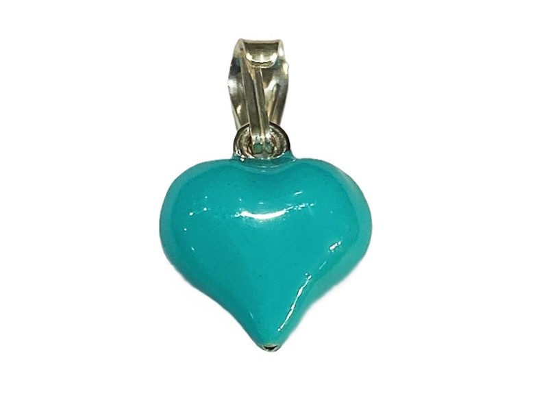 S925 Silver Turquoise Enamel Puffy Heart Charm Pendant 18mm w/Bail