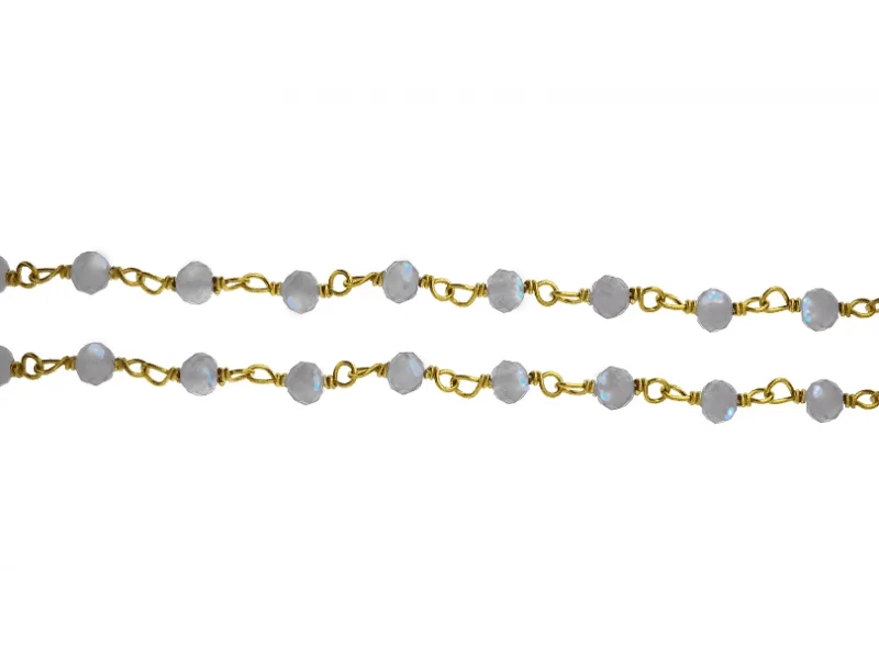 Sterling Silver 925 Gold Plated Wire Wrapped Chain with Rainbow Moonstone Faceted Beads